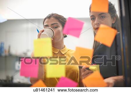 Stock Image - Two businesswomen drinking coffee and staring at sticky notes on office glass wall. Fotosearch