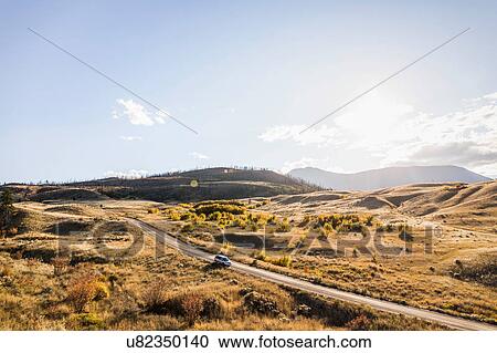 Stock Image - Vehicle on road, Trans Canada Highway, near Kamloops, Boston Flats, British Columbia, Canada. Fotosearch