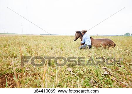 Stock Photo - Woman crouching with arm around horse lying down in field. Fotosearch