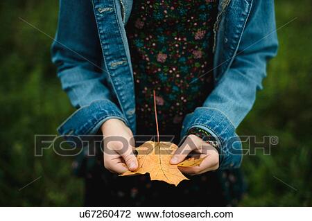 Stock Image - Young girl holding yellow maple leaf. Fotosearch