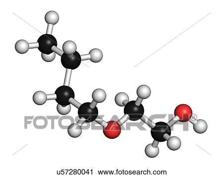Stock Image - 2-butoxyethanol molecule. Used as solvent and surfactant. 3D rendering. Atoms are represented as spheres with conventional colour coding: hydrogen (white), carbon (black), oxygen (red).. Fotosearch