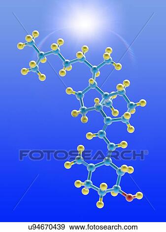 Stock Photo - A molecular model of vitamin D3 (cholecalciferol), a form of vitamin D synthesized in the skin as a result of ultraviolet B light. Vitamin D3 plays a role in calcium absorption to maintain strong bones and balance levels of calcium and phosphorus in.... Fotosearch