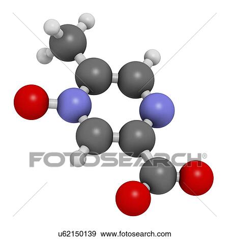 Stock Photo - Acipimox hypertriglyceridemia drug molecule. 3D rendering. Atoms are represented as spheres with conventional colour coding: hydrogen (white), carbon (grey), nitrogen (blue), oxygen (red).. Fotosearch
