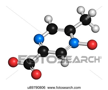Stock Photograph - Acipimox hypertriglyceridemia drug molecule. 3D rendering. Atoms are represented as spheres with conventional colour coding: hydrogen (white), carbon (black), nitrogen (blue), oxygen (red).. Fotosearch