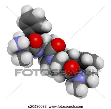 Stock Image - Anamorelin cancer cachexia and anorexia drug molecule. 3D rendering. Atoms are represented as spheres with conventional colour coding: hydrogen (white), carbon (grey), nitrogen (blue), oxygen (red).. Fotosearch