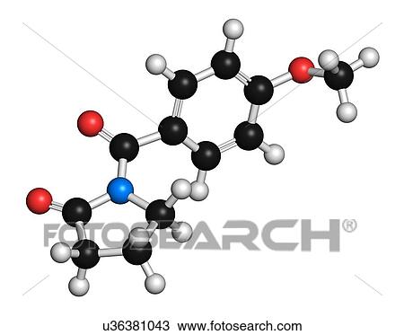 Stock Image - Aniracetam nootropic drug molecule. 3D rendering. Atoms are represented as spheres with conventional colour coding: hydrogen (white), carbon (black), oxygen (red), nitrogen (blue).. Fotosearch