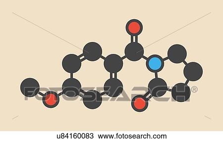 Stock Image - Aniracetam nootropic drug molecule. Stylized skeletal formula (chemical structure): Atoms are shown as color-coded circles: hydrogen (hidden), carbon (grey), oxygen (red), nitrogen (blue).. Fotosearch