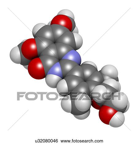 Stock Photograph - Apabetalone atherosclerosis drug molecule (BET inhibitor). 3D rendering. Atoms are represented as spheres with conventional colour coding: hydrogen (white), carbon (grey), nitrogen (blue), oxygen (red).. Fotosearch