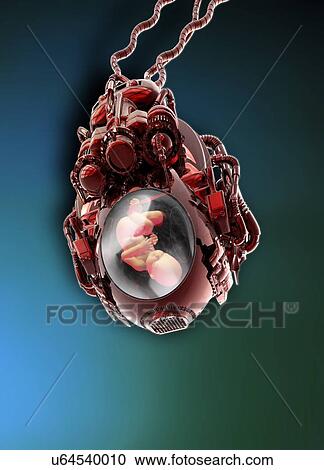 Stock Image - Artificial womb with human embryo, illustration.. Fotosearch