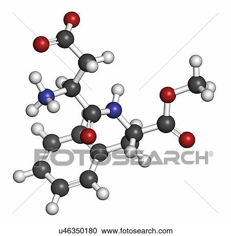 Stock Image - Aspartame artificial sweetener molecule (sugar substitute). Atoms are represented as spheres with conventional colour coding: hydrogen (white), carbon (grey), oxygen (red), nitrogen (blue).. Fotosearch