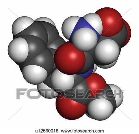 Stock Photo - Aspartame artificial sweetener molecule (sugar substitute). Atoms are represented as spheres with conventional colour coding: hydrogen (white), carbon (grey), oxygen (red), nitrogen (blue).. Fotosearch