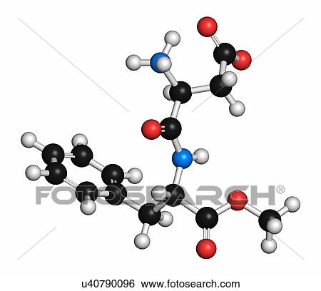 Stock Photograph - Aspartame artificial sweetener molecule (sugar substitute). Atoms are represented as spheres with conventional colour coding: hydrogen (white), carbon (grey), oxygen (red), nitrogen (blue).. Fotosearch