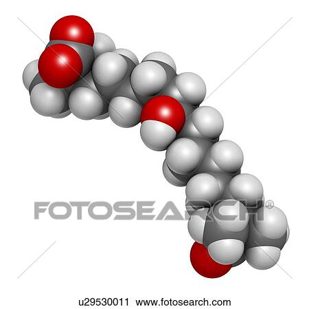 Stock Image - Bempedoic acid hypercholesterolemia drug molecule (ATP-citrate lyase inhibitor). 3D rendering. Atoms are represented as spheres with conventional colour coding: hydrogen (white), carbon (grey), oxygen (red).. Fotosearch