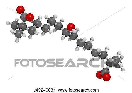 Stock Photo - Bempedoic acid hypercholesterolemia drug molecule (ATP-citrate lyase inhibitor). 3D rendering. Atoms are represented as spheres with conventional colour coding: hydrogen (white), carbon (grey), oxygen (red).. Fotosearch