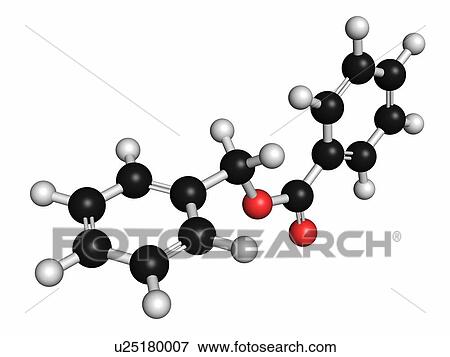 Stock Photo - Benzyl benzoate drug molecule. Used as acaricide, scabicide, etc. Atoms are represented as spheres with conventional colour coding: hydrogen (white), carbon (grey), oxygen (red).. Fotosearch