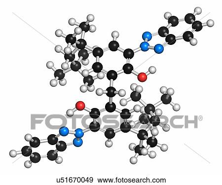 Bisoctrizole sunscreen molecule. Atoms are represented as spheres with conventional colour coding: hydrogen (white), carbon (grey), oxygen (red), nitrogen (blue). View Large Photo Image Stock Photo - Bisoctrizole sunscreen molecule. Atoms are represented as spheres with conventional colour coding: hydrogen (white), carbon (grey), oxygen (red), nitrogen (blue).. Fotosearch