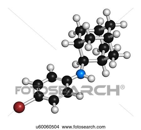 Picture - Bromantane asthenia drug molecule. Also used in sports doping. 3D rendering. Atoms are represented as spheres with conventional colour coding: hydrogen (white), carbon (black), bromine (brown), nitrogen (blue).. Fotosearch