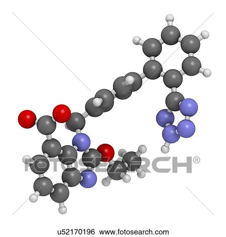 Stock Photograph - Candesartan hypertension drug molecule. 3D rendering. Atoms are represented as spheres with conventional colour coding: hydrogen (white), carbon (grey), nitrogen (blue), oxygen (red).. Fotosearch