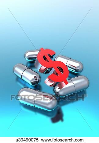 Stock Photography - Capsules and dollar symbol against blue background.. Fotosearch