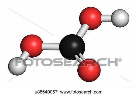 Stock Photo - Carbonic acid molecule. Formed when carbon dioxide is dissolved in water (carbonated water). Atoms are represented as spheres with conventional colour coding: hydrogen (white), carbon (grey), oxygen (red).. Fotosearch