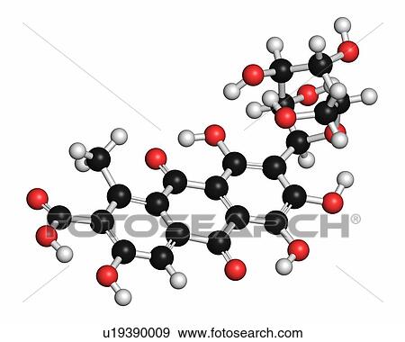 Stock Photo - Carminic acid pigment molecule. Occurs naturally in cochineal (scale insect). Atoms are represented as spheres with conventional colour coding: hydrogen (white), carbon (grey), oxygen (red).. Fotosearch