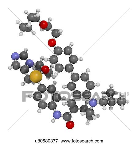 Stock Photo - Cenicriviroc HIV drug molecule. 3D rendering. Atoms are represented as spheres with conventional colour coding: hydrogen (white), carbon (grey), nitrogen (blue), oxygen (red), sulfur (yellow).. Fotosearch