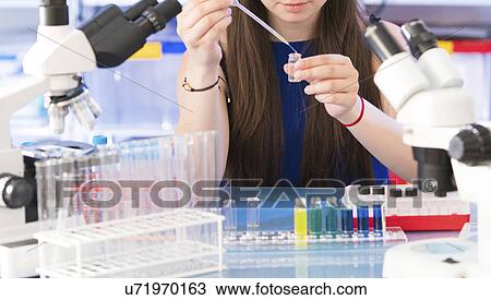 Stock Image - Chemistry student using pipette. Fotosearch