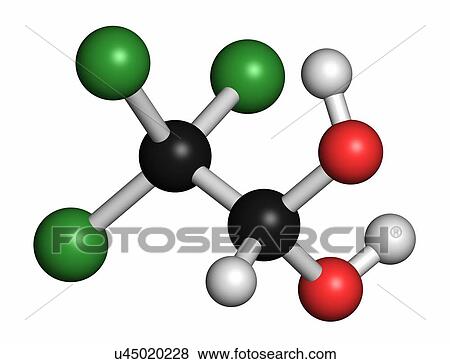 Stock Photo - Chloral hydrate sedative and hypnotic drug molecule. Atoms are represented as spheres with conventional colour coding: hydrogen (white), carbon (grey), oxygen (red), chlorine (green).. Fotosearch