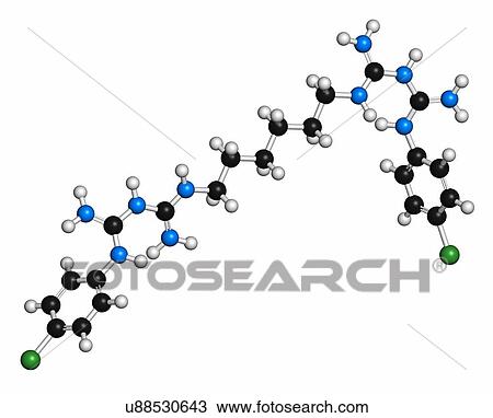 Stock Image - Chlorhexidine antiseptic molecule. Atoms are represented as spheres with conventional colour coding: hydrogen (white), carbon (grey), nitrogen (blue), chlorine (green).. Fotosearch