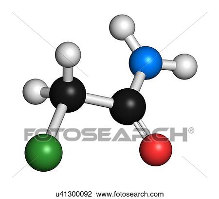 Stock Image - Chloroacetamide preservative molecule. 3D rendering. Atoms are represented as spheres with conventional colour coding: hydrogen (white), carbon (black), oxygen (red), nitrogen (blue), chlorine (green).. Fotosearch