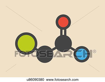 Stock Image - Chloroacetamide preservative molecule. Stylized skeletal formula (chemical structure): Atoms are shown as color-coded circles: hydrogen (hidden), carbon (grey), oxygen (red), nitrogen (blue), chlorine (green).. Fotosearch