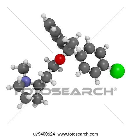 Clemastine (meclastine) antihistamine drug molecule. Used to treat allergy and itching. 3D rendering. Atoms are represented as spheres with conventional colour coding: hydrogen (white), carbon (grey), nitrogen (blue), oxygen (red), chlorine (green). View Large Photo Image Picture - Clemastine (meclastine) antihistamine drug molecule. Used to treat allergy and itching. 3D rendering. Atoms are represented as spheres with conventional colour coding: hydrogen (white), carbon (grey), nitrogen (blue), oxygen (red), chlorine (green).. Fotosearch