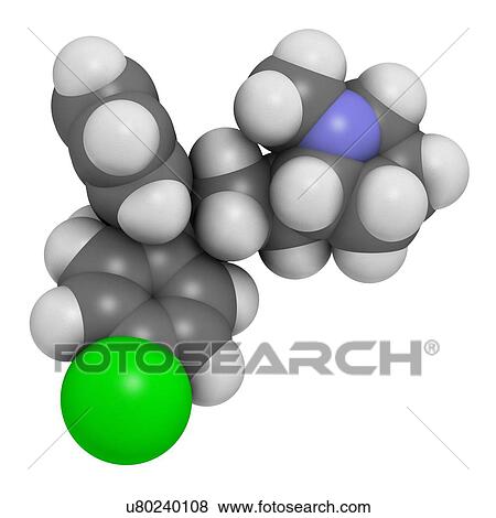 Stock Photo - Clemastine (meclastine) antihistamine drug molecule. Used to treat allergy and itching. 3D rendering. Atoms are represented as spheres with conventional colour coding: hydrogen (white), carbon (grey), nitrogen (blue), oxygen (red), chlorine (green).. Fotosearch