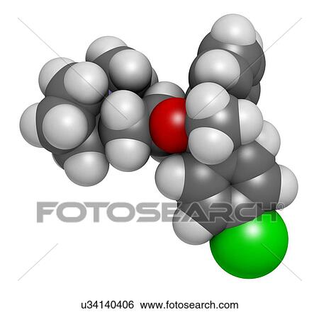 Stock Photograph - Clemastine (meclastine) antihistamine drug molecule. Used to treat allergy and itching. 3D rendering. Atoms are represented as spheres with conventional colour coding: hydrogen (white), carbon (grey), nitrogen (blue), oxygen (red), chlorine (green).. Fotosearch