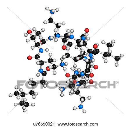 Stock Image - Colistin antibiotic drug molecule. 3D rendering. Atoms are represented as spheres with conventional colour coding: hydrogen (white), carbon (black), nitrogen (blue), oxygen (red).. Fotosearch