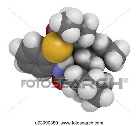 Stock Image - Dalcetrapib hypercholesterolemia drug molecule. 3D rendering. Atoms are represented as spheres with conventional colour coding: hydrogen (white), carbon (grey), nitrogen (blue), oxygen (red), sulfur (yellow).. Fotosearch