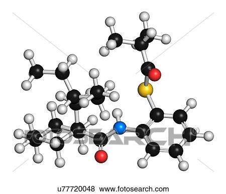 Stock Photo - Dalcetrapib hypercholesterolemia drug molecule. 3D rendering. Atoms are represented as spheres with conventional colour coding: hydrogen (white), carbon (black), nitrogen (blue), oxygen (red), sulfur (yellow).. Fotosearch
