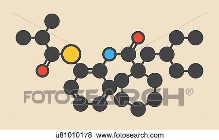 Stock Photo - Dalcetrapib hypercholesterolemia drug molecule. Stylized skeletal formula (chemical structure): Atoms are shown as color-coded circles: hydrogen (hidden), carbon (grey), nitrogen (blue), oxygen (red), sulfur (yellow).. Fotosearch