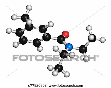 Stock Image - DEET (diethyltoluamide, N, N-Diethyl-meta-toluamide) insect repellent molecule. Atoms are represented as spheres with conventional colour coding: hydrogen (white), carbon (grey), oxygen (red), nitrogen (blue).. Fotosearch
