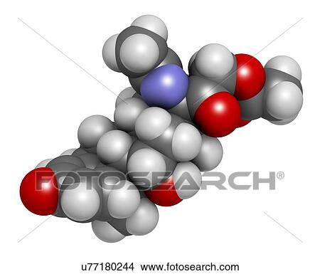 Picture - Deflazacort glucocorticoid drug molecule. 3D rendering. Atoms are represented as spheres with conventional colour coding: hydrogen (white), carbon (grey), nitrogen (blue), oxygen (red).. Fotosearch