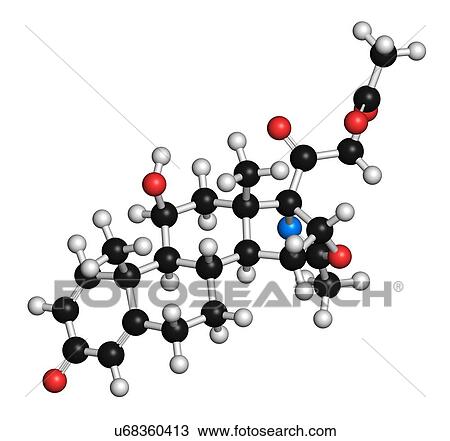 Stock Image - Deflazacort glucocorticoid drug molecule. 3D rendering. Atoms are represented as spheres with conventional colour coding: hydrogen (white), carbon (black), nitrogen (blue), oxygen (red).. Fotosearch