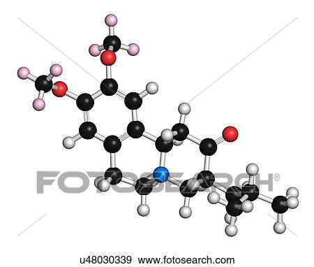 Stock Photo - Deutetrabenazine Huntington disease drug molecule. 3D rendering. Atoms are represented as spheres with conventional colour coding: hydrogen (white), carbon (black), nitrogen (blue), oxygen (red), deuterium (light pink).. Fotosearch