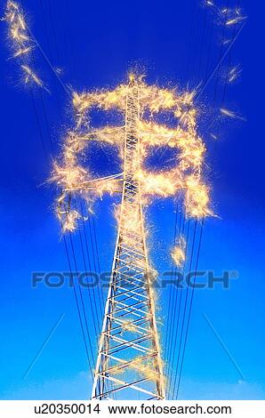 Digitally enhanced image of a High voltage power lines and pylon View Large Photo Image Picture - Digitally enhanced image of a High voltage power lines and pylon. Fotosearch