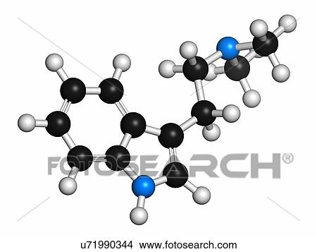 Picture - Dimethyltryptamine (DMT) psychedelic drug molecule. Present in the drink ayahuasca. Atoms are represented as spheres with conventional colour coding: hydrogen (white), carbon (grey), nitrogen (blue).. Fotosearch