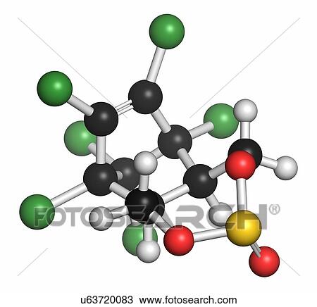 Stock Image - Endosulfan insecticide molecule. Banned in many countries due to toxicity. Atoms are represented as spheres with conventional colour coding: hydrogen (white), carbon (grey), oxygen (red), chlorine (green), sulfur (yellow).. Fotosearch