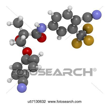 Stock Image - Enobosarm drug molecule. Selective androgen receptor modulator (SARM) that is also used in sports doping. 3D rendering. Atoms are represented as spheres with conventional colour coding: hydrogen (white), carbon (grey), nitrogen (blue), oxygen (red),.... Fotosearch