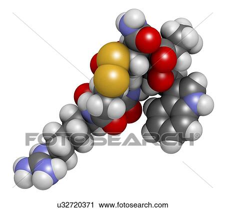 Stock Image - Eptifibatide anticoagulant drug molecule. 3D rendering. Atoms are represented as spheres with conventional colour coding: hydrogen (white), carbon (grey), nitrogen (blue), oxygen (red), sulfur (yellow).. Fotosearch