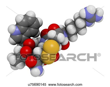 Eptifibatide anticoagulant drug molecule. 3D rendering. Atoms are represented as spheres with conventional colour coding: hydrogen (white), carbon (grey), nitrogen (blue), oxygen (red), sulfur (yellow). View Large Photo Image Stock Photography - Eptifibatide anticoagulant drug molecule. 3D rendering. Atoms are represented as spheres with conventional colour coding: hydrogen (white), carbon (grey), nitrogen (blue), oxygen (red), sulfur (yellow).. Fotosearch