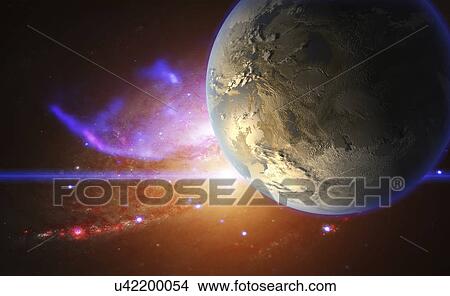 Picture - Exoplanet and galactic nebula, illustration.. Fotosearch