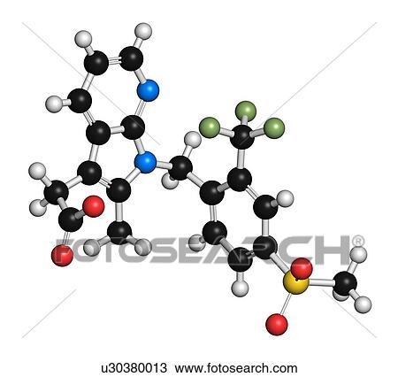 Stock Image - Fevipiprant asthma drug molecule. 3D rendering. Atoms are represented as spheres with conventional colour coding: hydrogen (white), carbon (black), nitrogen (blue), oxygen (red), sulfur (green), fluorine (light green).. Fotosearch